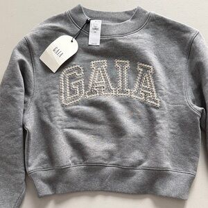cult gaia Gray Cropped Crewneck Sweatshirt with White Embroidered GAIA